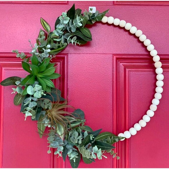 Succulent Hoop Wreath: Beaded Boho Decor, Farmhouse Style - Picture 1 of 10